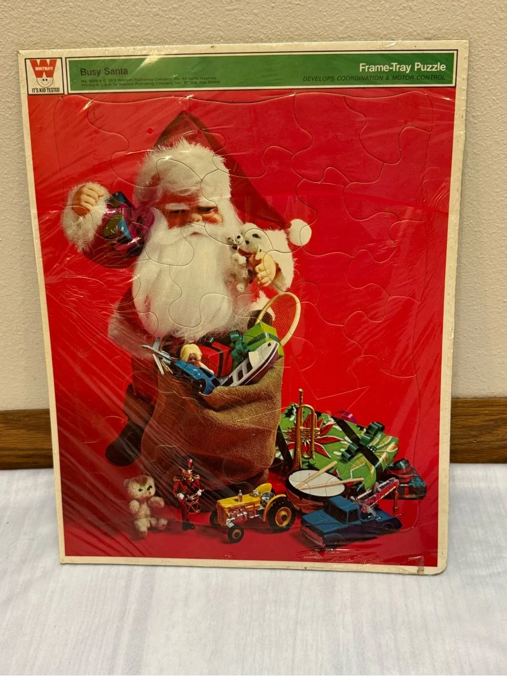 Vintage 1972 Busy Santa Whitman Tray Frame Puzzle 12 Piece #4528 USA Cello Wrap